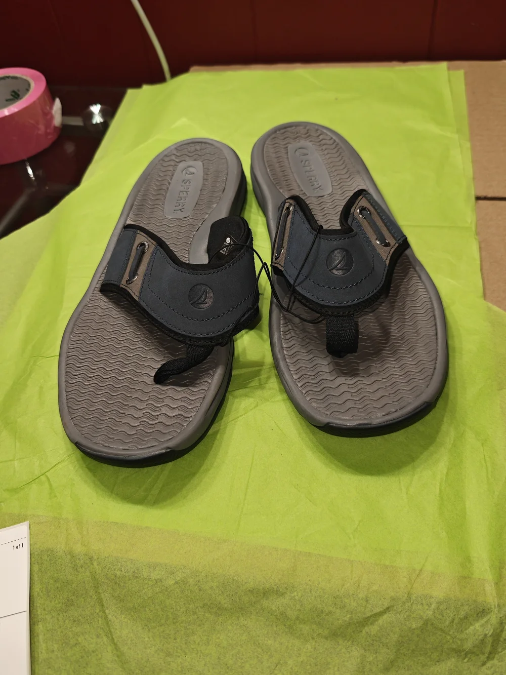 Sperry Men's Navy and Brown Flip Flops with Gray Footbed Brand New